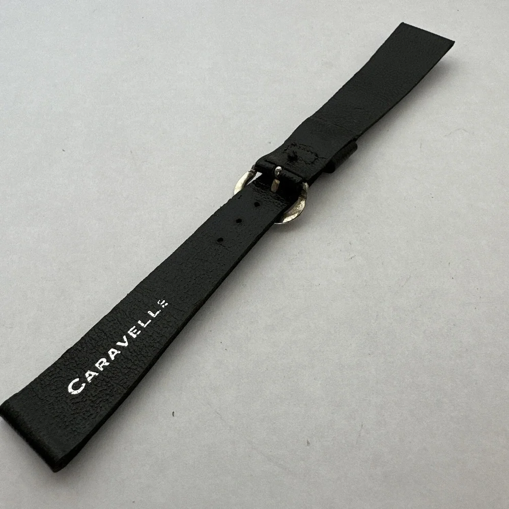 Caravelle Vintage Black Leather Watch Strap Silver Tone Buckle Replacement Band